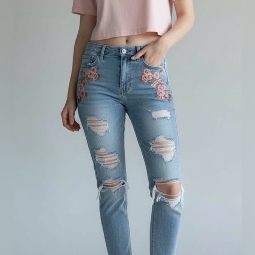 Garage Floral Embroidered Distressed Straight Leg High ‎ Rise Jeans Size 7